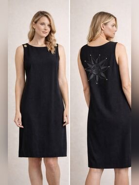 Liz Claiborne Black Sleeveless Shift Dress Sun Embroidery Back Size 6 8